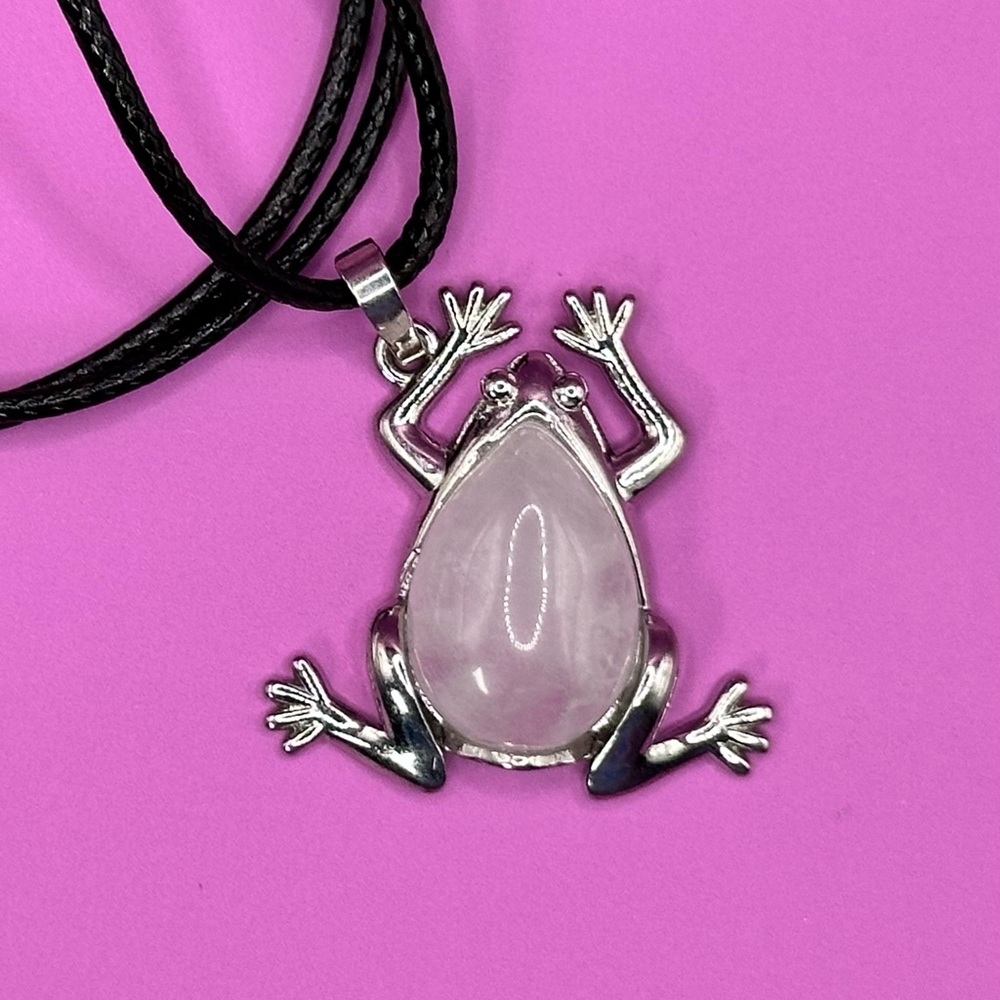 Rose. Quartz Frog on 18” cotton cord W/extender